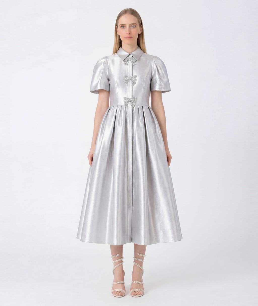 Woman wearing a silver metallic dress on a white background