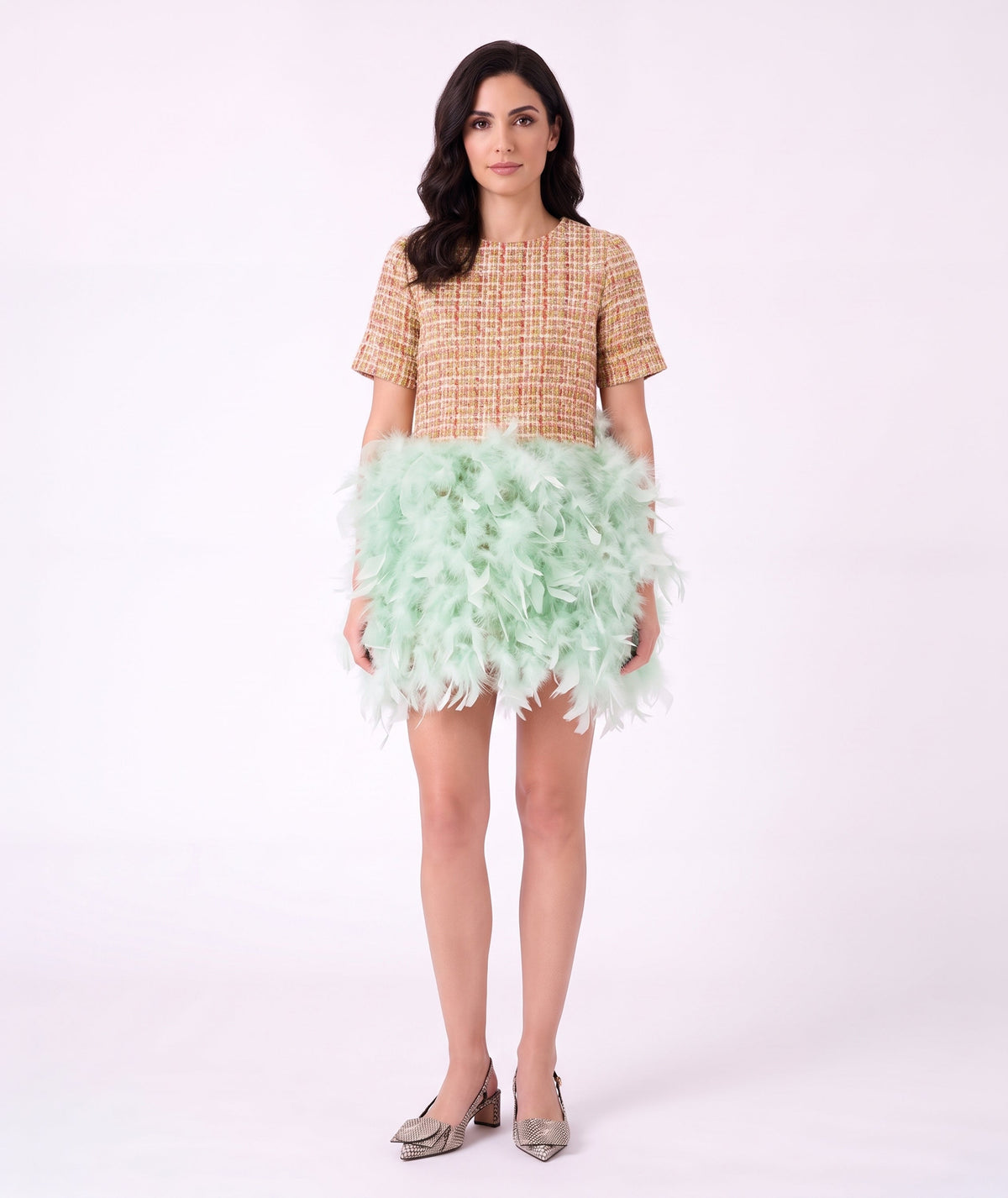 Front view of Crystal Tweed Feathers Women's Dress featuring textured tweed and a voluminous mint feather skirt.