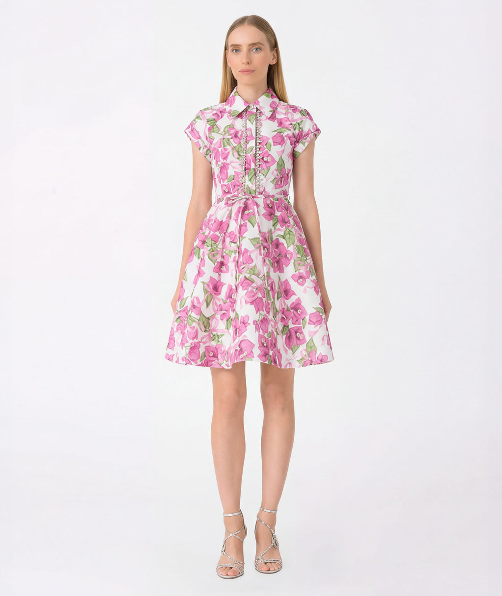 Elegant floral A-line dress with crystal placket detailing and adjustable fabric waist tie