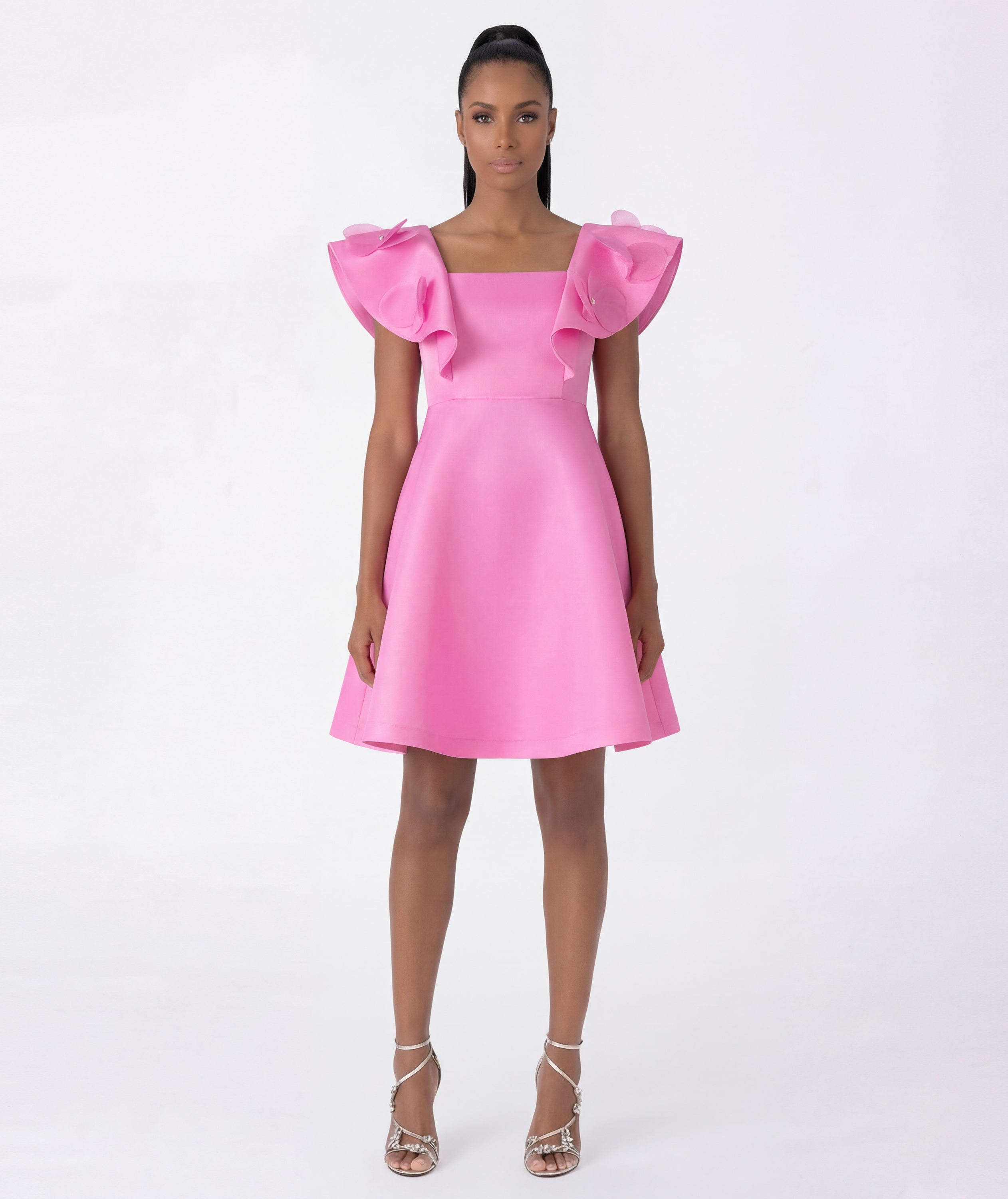 Pink mini dress with floral ruffle shoulders and square neckline