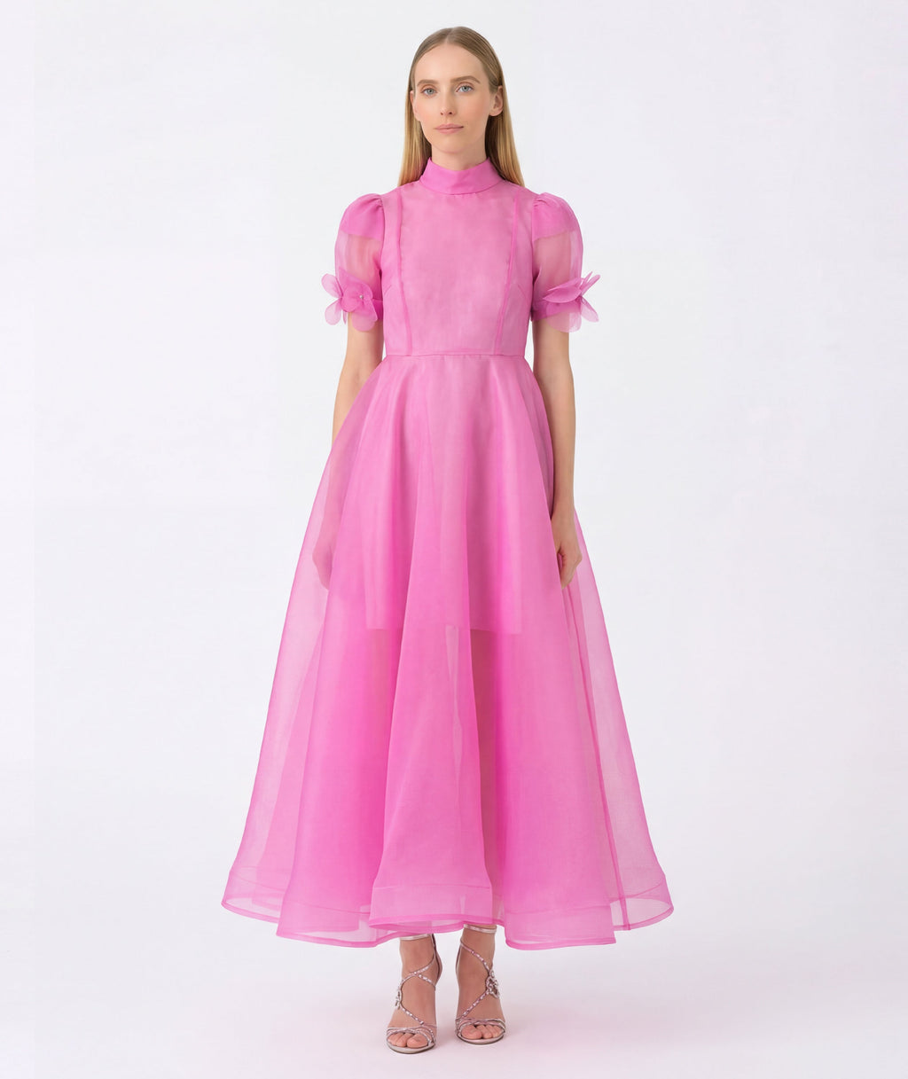 Pink sheer organza maxi dress with 3D flower appliqué puff sleeves and high neckline