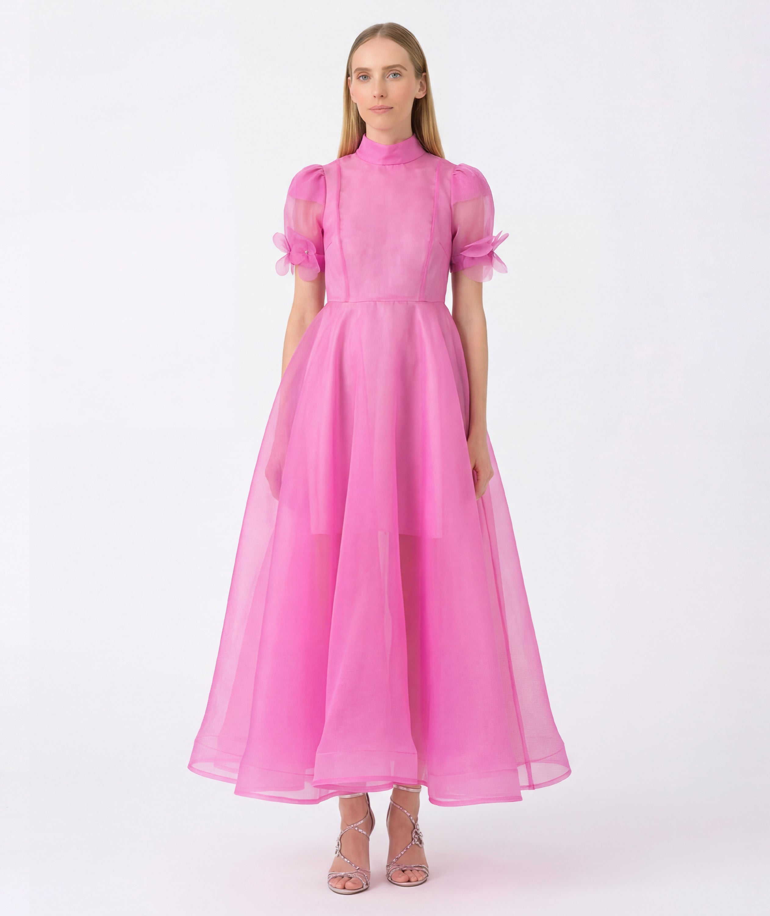 Pink sheer organza maxi dress with 3D flower appliqué puff sleeves and high neckline