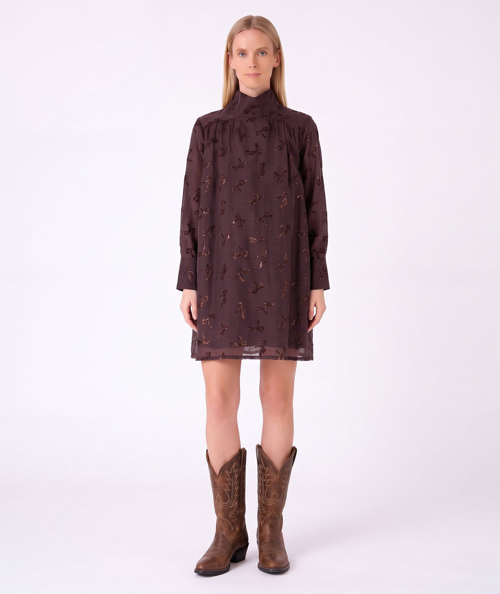 Front view of Shimmering Mocha Women's Dress featuring metallic bow motifs and long sleeves by Mama Luma.