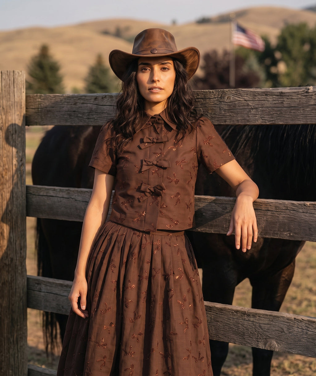 Shimmering Mocha Women's Outfit with metallic bow details and matching midi skirt, styled with horses for Mama Luma’s Altai Morin Collection.
