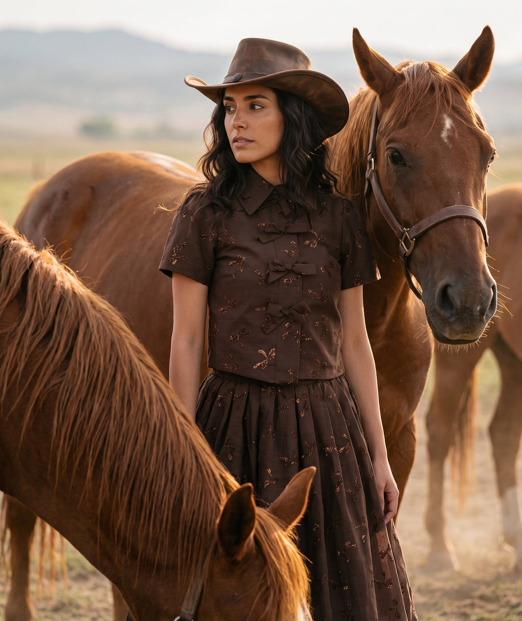 Shimmering Mocha Women's Outfit featuring a collared top and voluminous midi skirt in an Altai Morin ranch editorial by Mama Luma.