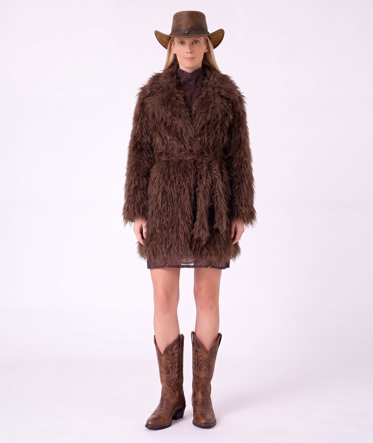 Front view of the Textured Faux Fur Women's Coat in mocha, featuring a plush finish and matching waist belt by Mama Luma.