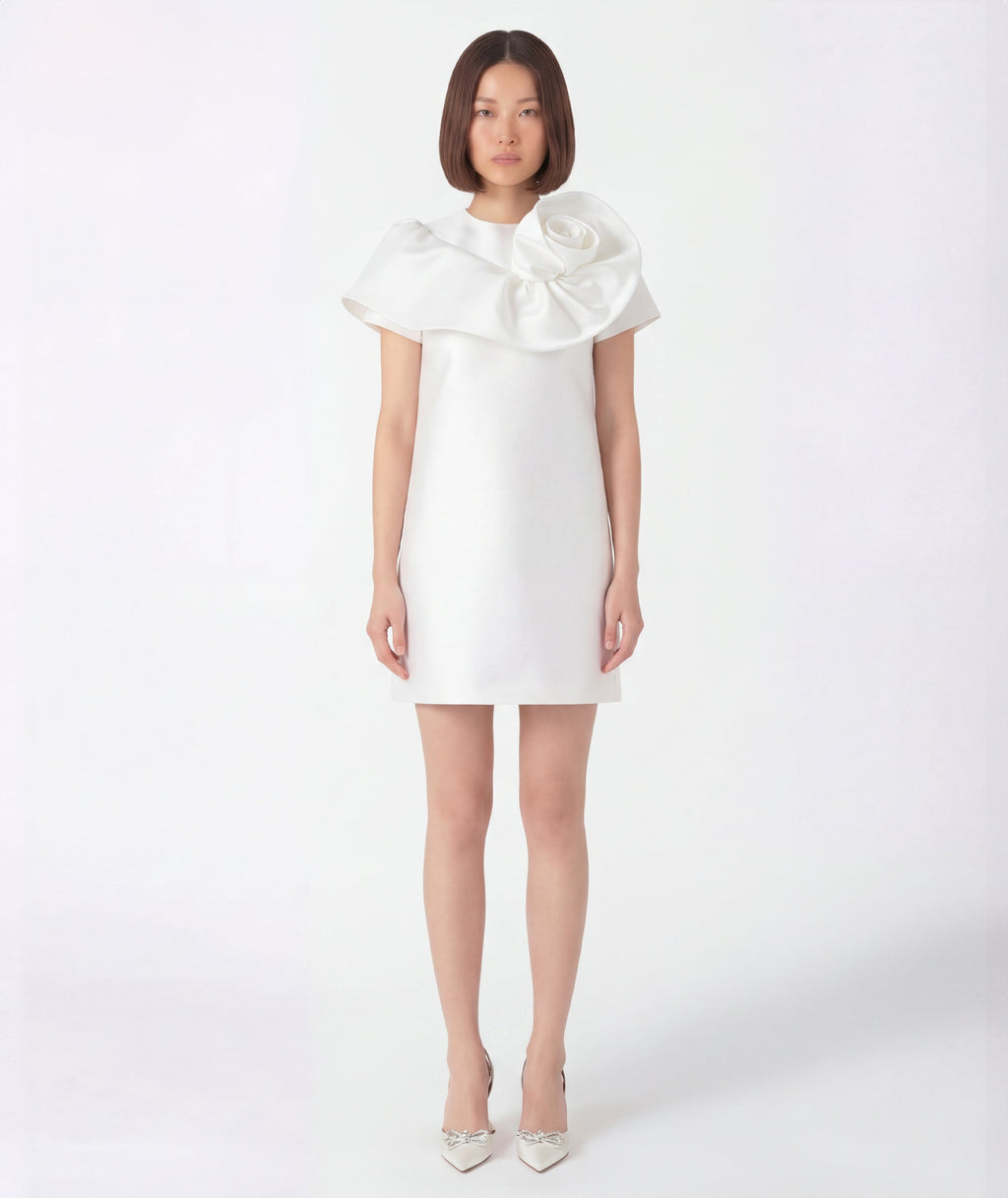 Elegant white 3D flower detail mini dress for women with sculptural neckline accent
